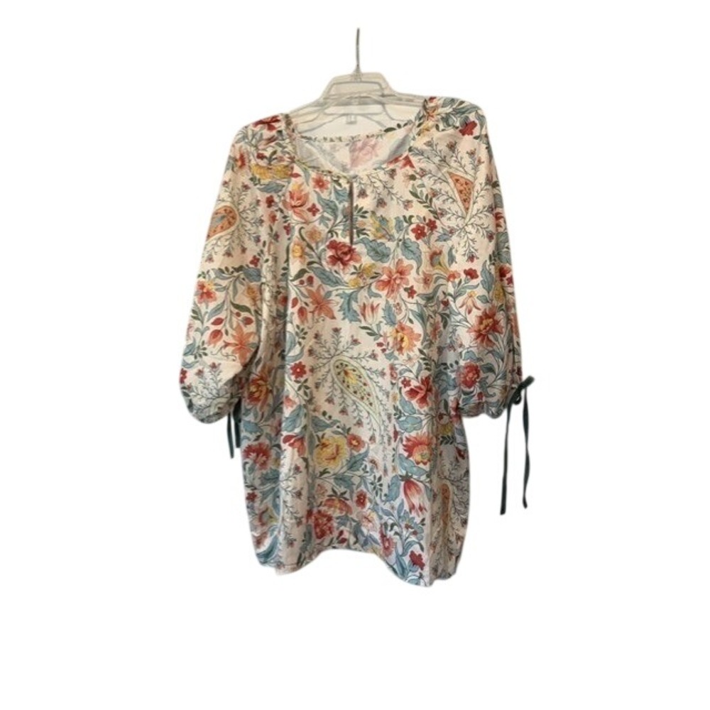 Cherrybetty Floral Paisley 3/4 Sleeve Tie Cuff Blouse Tunic Cream Red 3XL NEW